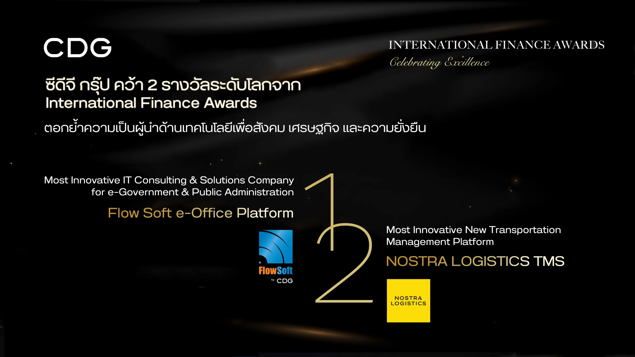 ซีดีจี กรุ๊ป คว้า 2 รางวัลด้านเทคโนโลยีระดับโลกจาก ‘International Finance Awards’ขับเคลื่อนโซลูชันเพื่อสังคม ตอบโจทย์ภาครัฐ และเอกชนครบวงจร