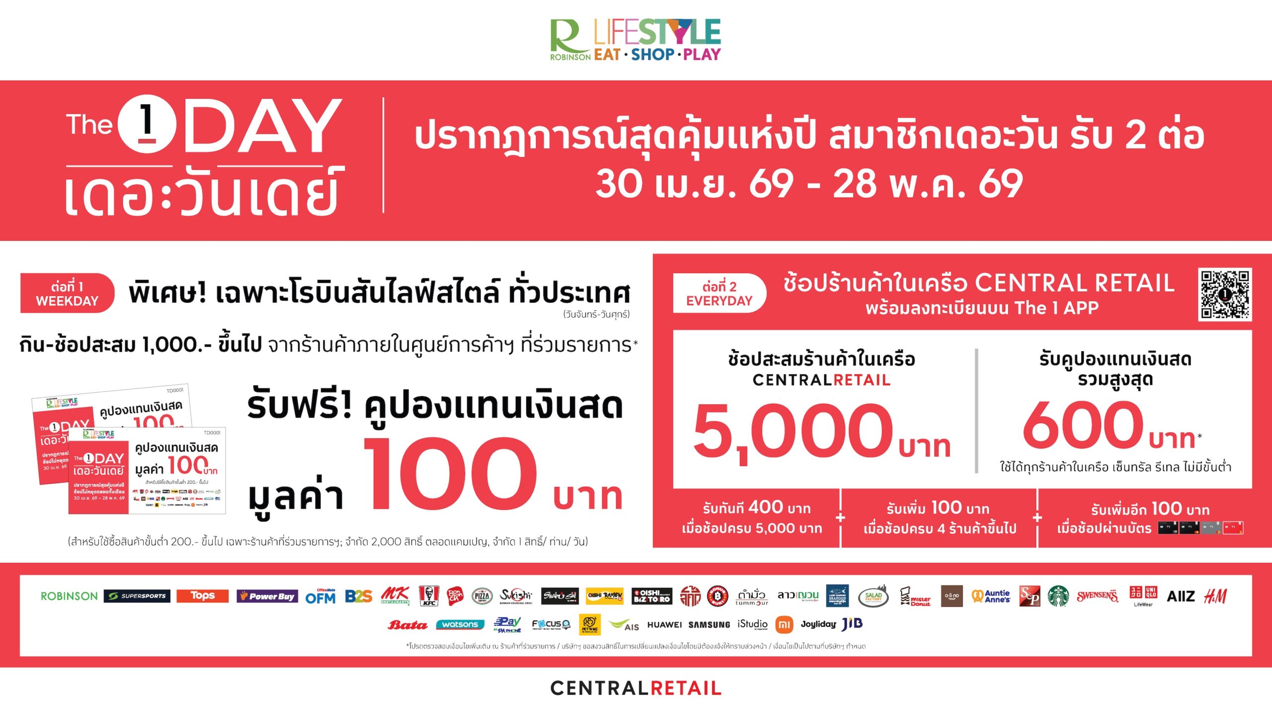โรบินสันไลฟ์สไตล์ ผนึก The 1 จัดเต็มความคุ้มค่าทุกการช้อปแจกคูปองส่วนลดฟรีทุกวัน ตั้งแต่วันที่ 30 เม.ย. 69 – 28 พ.ค. 69เฉพาะที่โรบินสันไลฟ์สไตล์ทั่วประเทศ