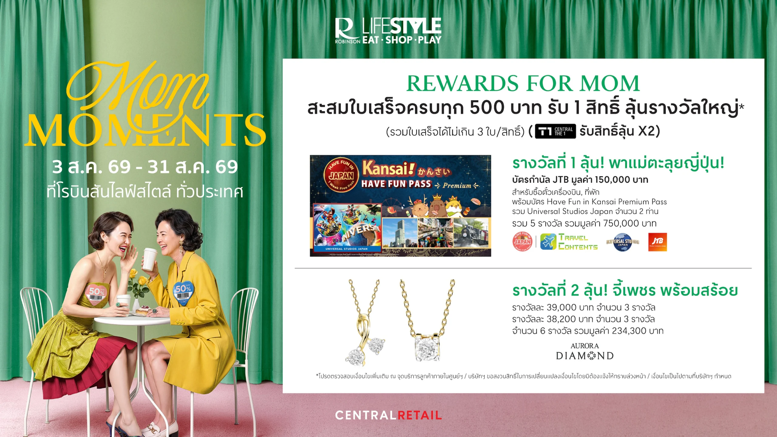 โรบินสันไลฟ์สไตล์ ผนึกพาร์ทเนอร์ชั้นนำของประเทศอัดแคมเปญ “Mom Moments” กระตุ้นกำลังซื้อวันแม่ชวนลุ้นทริปญี่ปุ่น จี้เพชรแท้และรางวัลอีกมากมาย รวมกว่า 3 ล้านบาท